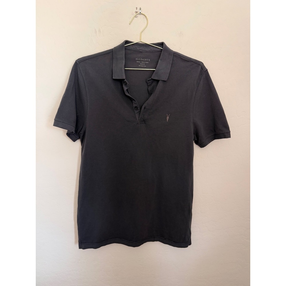 AllSaints Reform Polo Shirt Mens Medium Charcoal Grey Slim Fit Organic Cotton